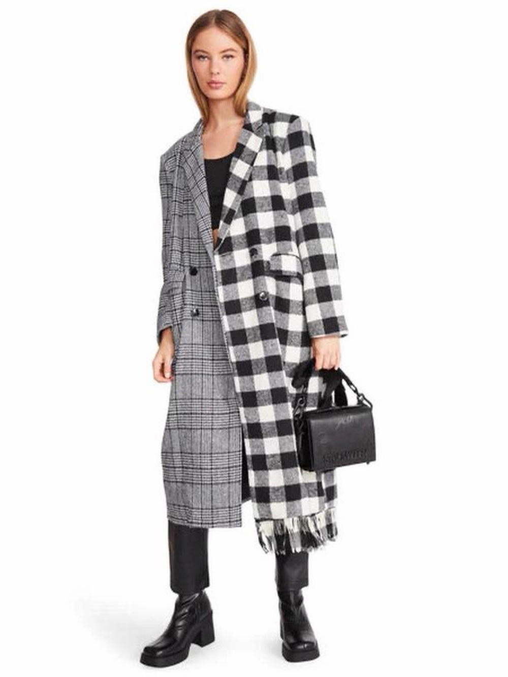 Steve Madden Black & White Mixed Plaid Long Trench Coat